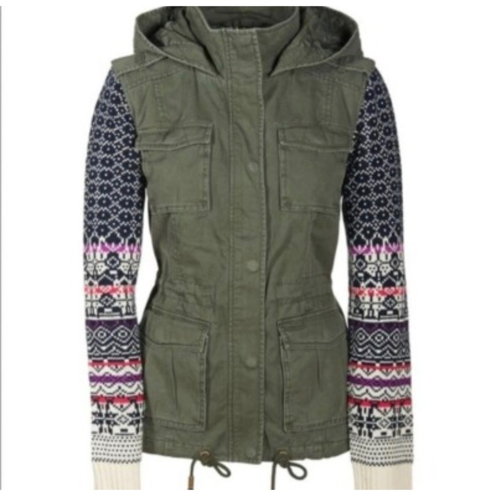 Aeropostale Green Cargo Jacket with Nordic Knit Sleeves Hooded Khaki Women L